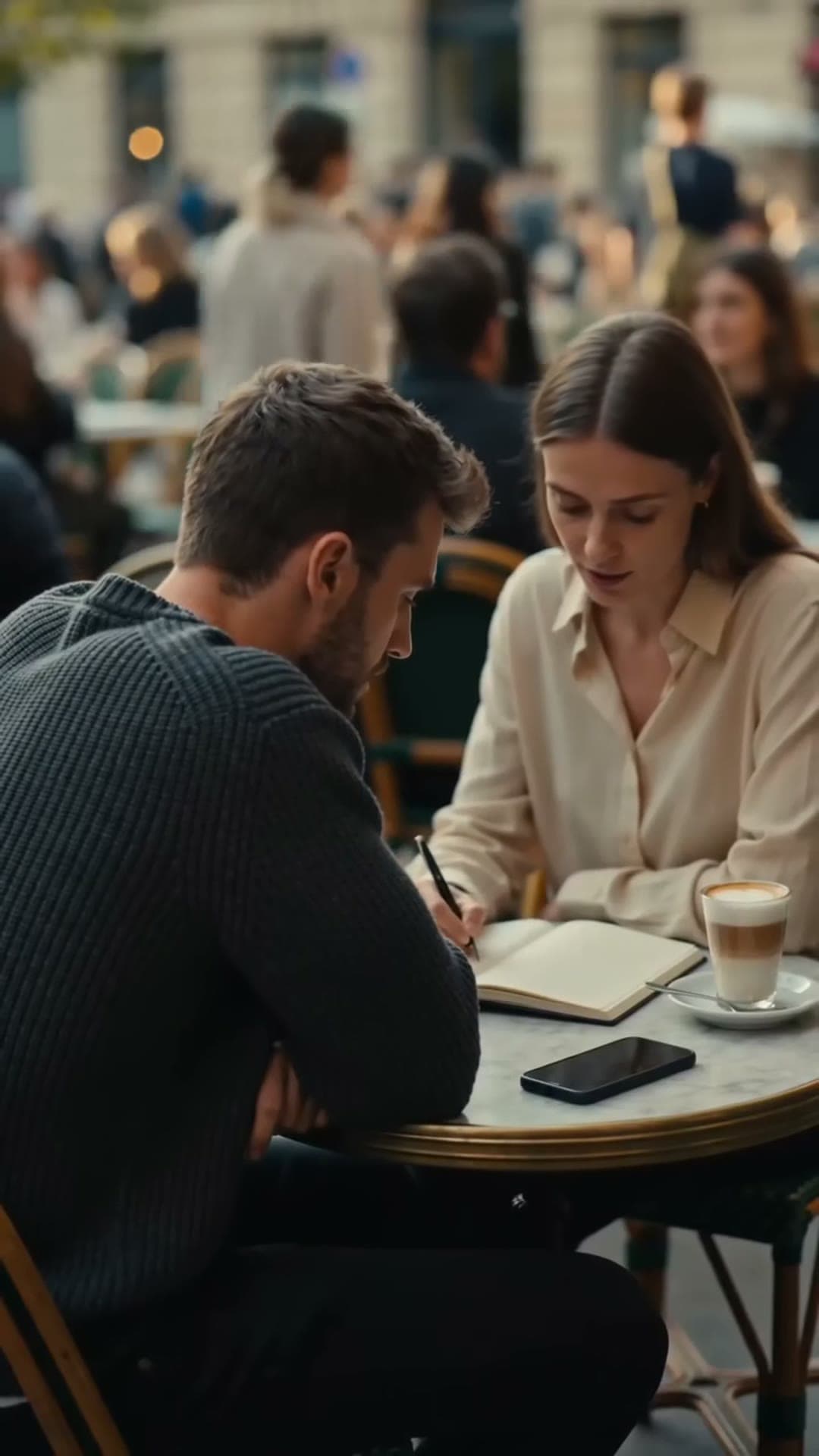 Two people talking over an open notebook at a café table, a phone recording between them